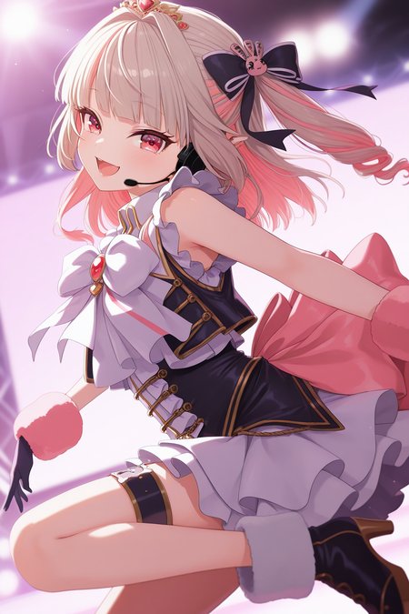 1girl,
MakaiNoRirimuNijisanji, MakaiNoRirimuIdolCostume,
general, solo, dynamic angle, half body,
grey hair, twin drills, eyelashes,
idol,
tiara, rabbit hair ornament, headset, idol clothes, thigh strap, high heel boots,
looking at viewer, \:D,
depth of field,
<lora:kp_MakaiNoRirimuNijisanjiIllustrious_v1_0:1.0>,
masterpiece, best quality, amazing quality