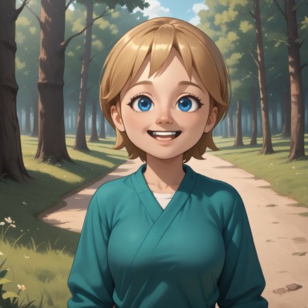 score_9, score_8, BREAK, solo, mii, wii, wii sports resort, 1girl, female mii, cute, blonde hair, black blue eyes, rare eyes, tree shaped nose, open mouth, buck tooth, double chin, chubby, chubby female, dark green clothing, white pants, shoes, Megan_(\Wii_Sports_Resort\), Nintendo Mii, modern_mii, classic_mii, big breasts, sexy pose, self portrait, smile, outdoors, sunlight, shadows, evening lighting, natural lighting, forest, trees, grass, orange sky, sunset