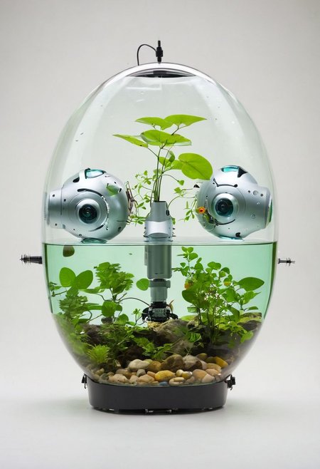 robot,simple robot,robot with glass face,ellipse head robot,plant inside head,fish swim inside robot head
