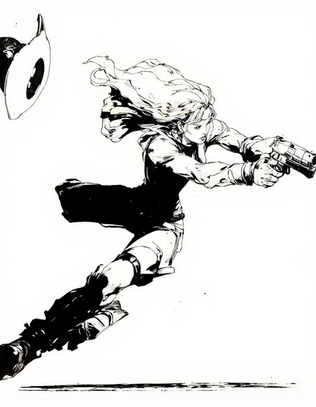 IllusFactor1. A black and white, stylized illustration of a female character in a dynamic action, aiming a gun at an alien-like object in the air. the character, a young woman with light skin and long, flowing blonde hair, is positioned in the middle of the image, with her upper body facing the viewer and her eyes focused on the object in front of her. she is wearing a long-sleeved shirt, black pants, and black boots, and is holding a gun in her right hand. the background is a simple, plain white, and the character is positioned at a slight angle to the left, giving a sense of movement and intensity to the image. the overall style is reminiscent of comic book art, with bold lines and a minimalist design.