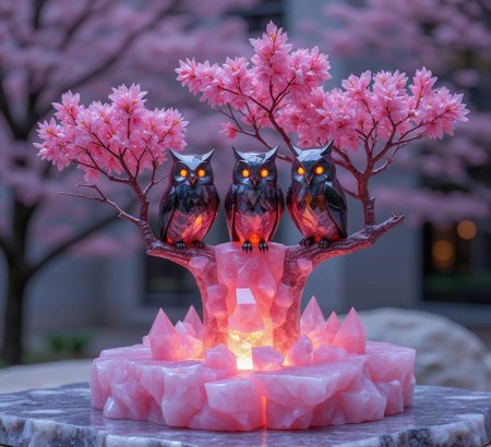 <lora:ck-polygon-gems-0019.safetensors:1> a crafted gemstone model in the style of cklg featuring a
In the heart of a futuristic city, where the boundary between nature and technology blurs, an exquisite sculpture captures the essence of springtime magic. Three adult owls, each with sleek, polished forms that reflect the city's neon lights, perch gracefully on a towering, crystalline branch. Their feathers, a harmonious blend of hot pink, neon orange, and deep black, create a vivid contrast against the smooth, glossy surface. The owls' eyes, large and soulful, emit a soft, bioluminescent glow, enhancing their ethereal presence.
The branch they stand on is adorned with intricate, bioluminescent cherry blossoms, their petals a vibrant pink that seems to pulse with life. The background is a diffused, ambient glow, subtly illuminating the scene and allowing the neon elements to dominate the visual focus. The setting, a harmonious blend of precise geometry and fluid curves, evokes a sense of innovation, elegance, and sophistication.
This sculpture, measuring 12x16 inches, is crafted from high-tech materials, giving it a polished and glossy surface that reflects light like glass or polished metal. It stands as a testament to the fusion of nature's beauty and futuristic ingenuity, adding a touch of whimsy and serenity to any living space or office. Perfect for those who appreciate the magic of nature reimagined through the lens of advanced technology.