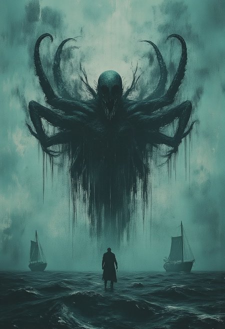 dark digital art of a sailboat in heavy sea, surreal and abstract, monster tentacles coming out of water, attacking ship, eerie atmosphere, thick fog, lovecraftian, tentacles, giant occtopus, lovecraftian monster