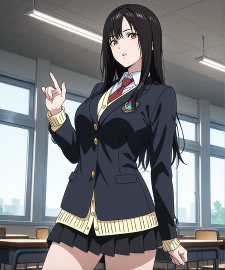masterpiece,best quality,amazing quality,very aesthetic,absurdres,newest, huge filesize,
<lora:spo_sdxl_10ep_4k-data_lora_webui:0.5>,
<lora:add-detail-xl:1>gantz suit, 
 1girl, classroom, indoors, medium breasts, inuyashiki mari, long hair, black hair, brown eyes, school uniform, blazer, black jacket, white shirt, collared shirt, red necktie, yellow cardigan, black skirt, pleated skirt, white kneehighs, loafers, (cowboy shot:1.8), looking at viewer, anime screencap, parted lips, (pose:1.5) <lora:Mari_Inuyashiki:1>