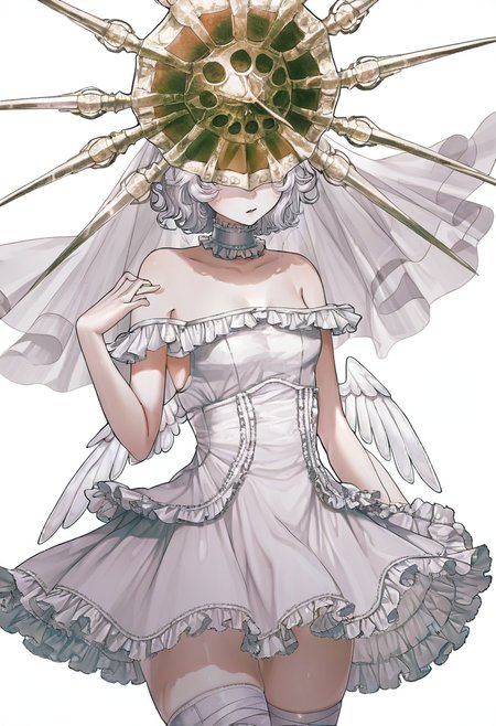 1girl, solo, veil, dress, white dress, breasts, frills, wings, white background, cowboy shot, simple background, covered eyes, short hair, bare shoulders, small breasts, white hair, thighhighs, parted lips, frilled dress, white wings, choker, hand up, bandages <lora:cuso4XL_NBVP1_lokr_V6311PZ:0.95>