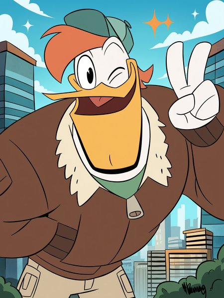 score_9, score_8_up, score_7_up, score_6_up, best quality, highres, source_furry BREAK (outdoors, cityscape, detailed background:1.2)
1boy, male, solo, duck, jacket, hat, shorts, beak,launchpad mcquack, white skin, black legs, clothed, black eyes, open smile, tongue, happy, wink, sparkles, looking at viewer, leaning forward, v sign, smile, short hair, red hair, anthro, smile, furry   <lora:Launchpad_McQuack_2:1>