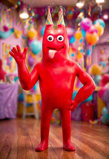 score_9, score_8_up, score_7_up, toony, banban, party hat, red skin, black eyes, tongue out, waving, colorful room