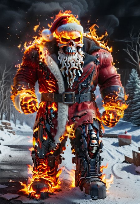 ral-santa, fire santa,skull head,skull on fire, santa claus is on fire, fiery and dynamic <lora:ral-santa-sdxl:1>,Holding a flaming chain,full body, solo,standing,