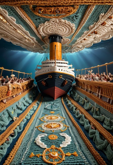 The scene from the Titanic with arms out on the front of the ship, in the style of crochet, vibrant, Masterpiece, (8k), highest-quality, intricate details, highly detailed, best artist, micro-details, micro-details within the micro-details, sharp edges, detailed textures, ((full body cinematic)), atmospheric lighting, visually stunning, perfect composition, trending on artstation