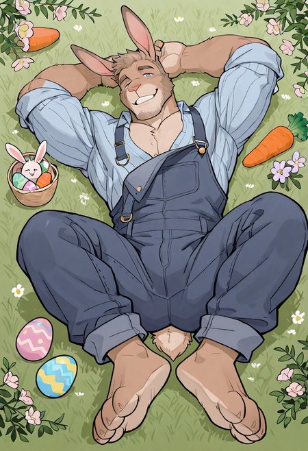very awa, masterpiece, best quality, absurdres, newest, perfect quality, intricate details, male focus, m/m, male, human face, anthro rabbit, rabbit ears. b4cc4r4t, rabbit boy.
Teal rabbit, bunny ears, rabbit legs, lucky rabbit feet, facial hair, furry legs, light brown skin, human face, masculine. age 25, body hair, stubble, beard, half buttoned jean overalls
Large Easter eggs, carrots, spring flowers.