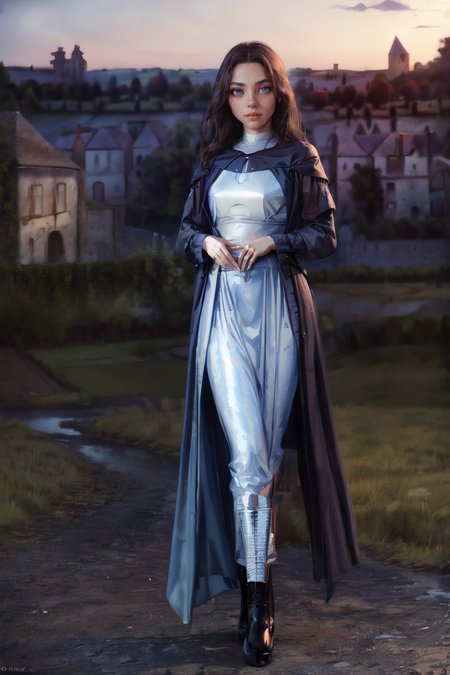 (full body portrait:1.2) of (french:1.2), <lora:HAIR very_long_hair-10.safetensors: 0.6806143112315803> very_long_hair, (dark [brown, blue] perfecteyes eyes looking at the camera:1.4), (smiling:-0.5) mouth, (interesting medieval countryside outdoor background:1.8), warm lighting, detailed face, <lora:QUALITY add_detail:0.8>, wearing blue medieval clothes, (jewelry:1.0), <lora:CLOTHES holov7.safetensors:0.4> holographic, holographic clothing, <lora:SLIDER gender_slider_v1:3>, <lora:SLIDER Squeezer2:0.9> woman, <lora:SLIDER ClothingAdjuster3:-0.8>, <lora:BACKGROUND FantasySettlement:0.2> (FanSe:1.3), extremely detailed oil painting, cinematic lighting, cgsociety, fantastic composition, rich vivid colors, ambient lighting, dynamic, octane render, trending on artstation, masterpiece, photorealistic