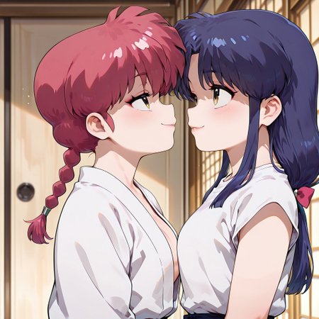 masterpiece,best quality,amazing quality,very aesthetic,absurdres,newest, huge filesize,
<lora:spo_sdxl_10ep_4k-data_lora_webui:0.5>,
<lora:add-detail-xl:1>
1girl ranma, long_hair,red_hair, braided_ponytail, green eyes, 
1girl akane, low-tied_long_hair, sidelocks, blue_hair, hair_bow,  brown_eyes
 (from side,side view), seductive smile, 
open clothes,  looking each other, looking up, focus on face, heads at center of frame