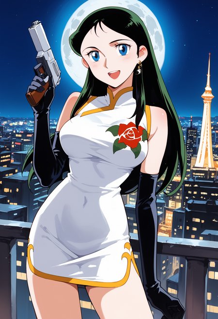 ginreigr, 1girl, solo,  (black elbow gloves:1.5), long hair, , dark green hair,, cowboy shot, blue eyes, smile, looking at viewer,, , floral print, white china dress, standing, sleeveless, bare shoulders, open mouth,minidress ,large breasts,  <lora:ginreigr_pony2:0.9>night sky, cityscape, city lights, holding pistol,single earring,moon, , score_9, score_8_up, score_7_up, score_6_up, score_ANIME,