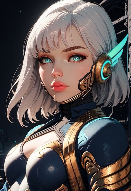 ((zPDXL3)), score_9, score_8_up, score_8, Science Fiction, Star Wars, perfecteyes, ultra detailed, high resolution, high quality, masterpiece, intricate details, intricate body, intricate landscape, knva, Expressiveh, European Instagram Model, upper body shot, low light, dungeon, ruins, green glow, black background, 
BREAK
1girl, solo, source_cartoon, mature female, allstarsdva, d.va (overwatch), white hair, blue eyes, beautiful, full lips, looking at viewer, closed mouth,