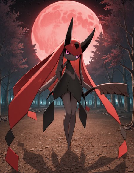 masterpiece, best quality, amazing quality, newest, absurdres, highres, very detailed, newest, no humans, new, splatterina, red hair, horns, pink eyes, colored sclera, dress, multicolored hair, cleaver, pokemon \(creature\), (solo), full body,  looking at viewer, dark forest, blood moon, red moon, starry sky, spooky, <lora:83256cbe-2f24-4fc4-a05e-af9bb5e4203a:0.9>