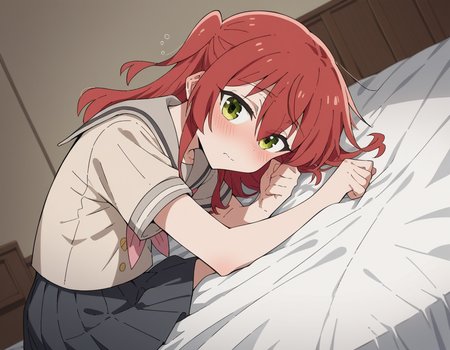 score_9, score_8_up, score_7_up, source_anime,
kitaikuyo, <lora:ikuyo-kita-s1-ponyxl-lora-nochekaiser:1>,
ikuyo kita, green eyes, hair between eyes, long hair, one side up, red hair,
black skirt, grey sailor collar, pleated skirt, sailor collar, school uniform, short sleeves, shuka high school uniform, skirt,
indoors, bed, bed room, on side, blush, drunk,
cowboy shot, solo, dutch angle, looking at viewer,