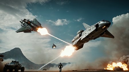 cinematic film still of  <lora:add-detail-xl:1>0
<lora:detailed:0.3>
<lora:perfection style:0.3>
<lora:xl_more_art-full_v1:0.3>
 <lora:halo style:0.9>
a scene of a sci - fi movie with a spaceship and a spaceship,sky,cloud,military,no humans,fire,robot,mecha,science fiction,realistic,aircraft,military vehicle,airplane,battle,explosion,firing,spacecraft,jet,missile,fighter jet , cinematic, filmic, dramatic light, sci fi, action themed, futuristic, halo style, shallow depth of field, vignette, highly detailed, high budget, bokeh, cinemascope, moody, epic, gorgeous, film grain, grainy
