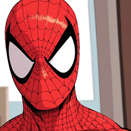 score_9,score_8_up,score_7_up,solo, 1boy, , spider-man,male focus, bodysuit, red bodysuit,  superhero, mask,apartment,skinny,portrait