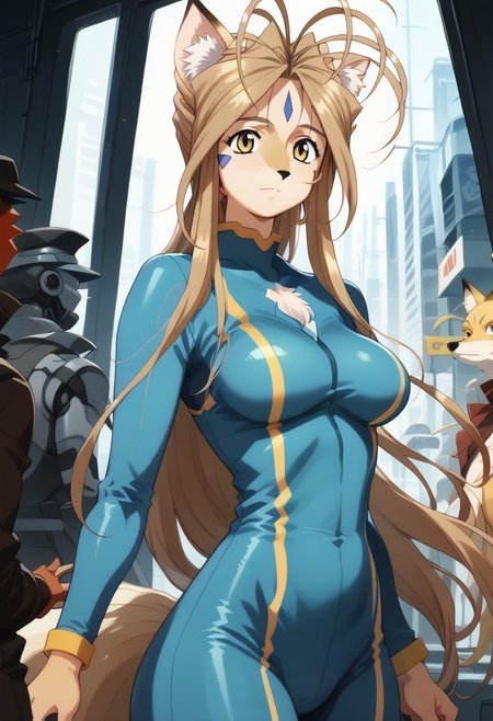 Expressiveh, negative_hand, score_9, score_8_up, score_7_up, belldandy as an (anthro fox),long oval face, short snout, two toned fur, large fox ears, fox tail, animal nose, yellow fur, white facial fur, tan hair, long hair, parted bangs, gold eyes, white triangle forehead gem, large breasts, skintight bodysuit, futuristic bodysuit, standing at attention,