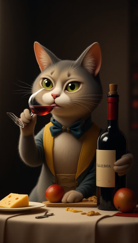 a elegant cat drinking a glass of wine, with cheese on the table, by Simon Stalenhag