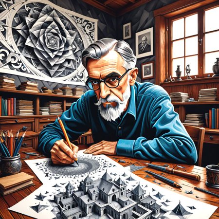 "M.C. Escher pen and ink spilling on desk paper in the shape of M.C. Escher likeness in old artist studio."
"detailed matte painting, deep color, fantastical, intricate detail, splash screen, complementary colors, fantasy concept art, 8k resolution trending on Artstation Unreal Engine 5"
