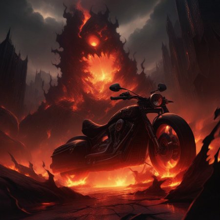 Dark Fantasy Art, Dark Moody Atmosphere, dramatic, mysterious, dark moody atmosphere, dark, moody, dark fantasy style, realistic anime,
BREAK,
Ghost Rider rockets up the skyscraper, his flaming motorcycle scorching a fiery path over glass and steel,
BREAK,
His skull, engulfed in hellfire, casts a sinister, flickering glow, with empty eye sockets seething with vengeful fire,
BREAK,
Flames curl around his skeletal form, his leather jacket and pants seared and frayed, smoldering as he rides,
BREAK, 
sitting on his bike, (((cracked roadway))), cracked road, skull, from side, low angle shot, close up shot, detailed afce, detailed skull, front view, wide angle, burning wheels and bike, chopper motorcycle, chopper, burning engine, leaking lava from cracked road, red sunset, 
detailed bike,