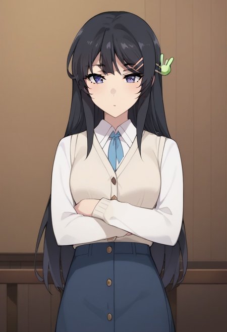 score_9,score_8_up,score_7_up,score_6_up,1girl,mai sakurajima, long hair, bangs, black hair, hair ornament, purple eyes, hairclip, rabbit hair ornament,white cardigan, long sleeves, blue skirt,sexy thighs,upper body, dark,underlight,posing,sexy,indoors,random location