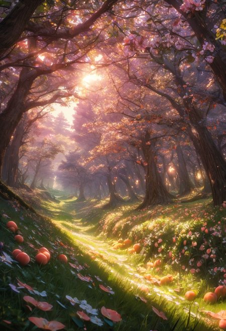 (raytracing, best quality, 8k, high res, masterpiece:1.2, picnic on grass), photorealistic, ultra-detailed, vibrant photography of a picturesque peach orchard at sunset, The trees are heavy with ripe, glistening peaches in shades of red, green, and gold, their leaves a vibrant, healthy green. Sunlight filters through the branches, casting a warm, golden glow over the entire scene. Delicate peach blossoms still cling to some branches, adding a touch of soft pink and white to the landscape. The ground is covered with a lush carpet of grass and wildflowers, with fallen peaches scattered about. A rustic wooden fence borders the orchard, and in the background, rolling hills and distant mountains are bathed in the warm, fading light of the setting sun. A gentle breeze rustles the leaves and carries the sweet scent of apples through the air. This idyllic scene captures the serene beauty and abundance of nature in exquisite detail. (dynamic angle, cinematic lighting, ethereal atmosphere:1.1), (extremely detailed:1.2), (vivid colors:1.3), (perfect composition:1.2), (sharp focus, stunning realism:1.2)