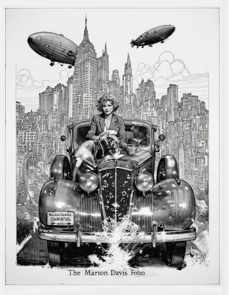 Art by Thomas Haller Buchanan. A black and white pencil drawing of a woman with curly blonde hair sitting on the hood of a vintage car in front of a cityscape with tall buildings and a large airship in the background. the woman, who appears to be a adult, is positioned in the center of the image, with her upper body facing the viewer and looking directly at them. she has a confident expression and is wearing a blazer with the name "marion davies" written on it. the car is a classic, vintage model, with a large, ornate grille and the headlights shining brightly. the cityscape behind her is filled with tall, modern skyscrapers, and the airship is a zeppelin, adding a whimsical touch to the scene. the drawing is signed "the marion davis folio" at the bottom, with the artist's signature in the bottom right corner.