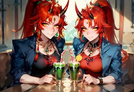 score_9, score_8_up, score_7_up, score_6_up, score_5_up, red hair, streaked hair, golden eyes, long hair ponytail,  necklace, breasts, looking at viewer, ponytail, large breasts, oni, demon queen, demon lord, black demon tail, happy, friendly, very muscular, short hairs, bodybuilder, red and black horns, spiky horns,  negative_hand, blue jacket, short pants, necklace, tank top, sandals, (drinking green soda using a straw at restaurant), (put a glass in her hand),  (symmetrical composition:1.3), (drink non elegantly, bad posture),(sitting by the window), (hold the glass vertically:1.3), (drink with a straw), (blush cheeks:0.8), (shallow DoF:1.35), (front of face), feet on table, feet, soles, large feet, sweaty soles, sweat, sandals on table