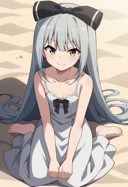 solo, SoraTS, long hair, bare shoulders, very long hair, grey hair, bow, (summer dress, spaghetti strap, bare shoulders, collarbone, long dress, white dress:1.2), barefoot,   <lora:PonyXL SoraTS V2:0.8>, score_9, score_8_up, score_7_up, score_6_up, score_5_up, score_4_up , anime coloring ,BREAK source_anime, anime,
pov, full body, smile, sitting, beach, sunny day,
