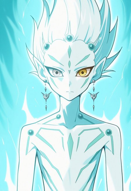 masterpiece,best quality,amazing quality, source_anime, 
astralzx, 1boy, male focus, solo, blue skin, spiked hair, pointy ears, earrings, heterocromia, grey eyes, yellow eyes, upper body, aqua theme, aura,