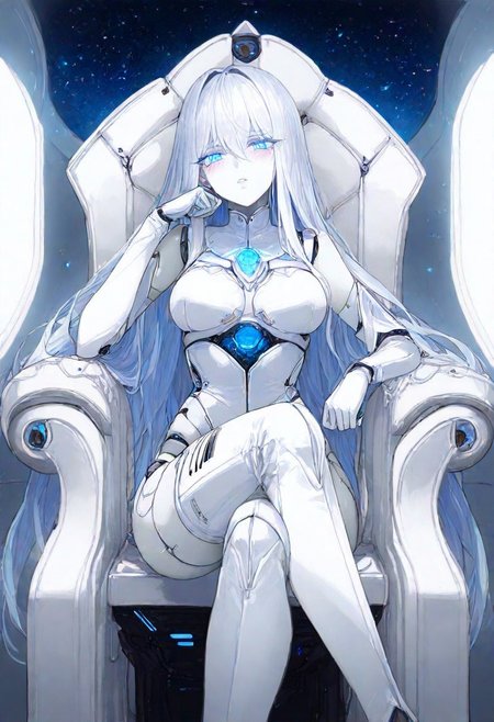 (masterpiece), best quality, highres, extreme detail, ultra detailed, illustration, digital art, rich colors, ((manhwa style, semi-realistic)), 4k, HD, 
BREAK
score_7_up,score_7,score_6_up,masterpiece, 
 ambient occlusion, raytracing, soft lighting, blum effect, masterpiece, absolutely eye-catching, particles, glow, shining, intricate cinematic background, (beautiful face), flirtatious expression, 
BREAK
masterpiece, highly detailed,1girl,beautiful eyes, detailed eyes, detailed pupils, perfect body, 
Automaton, colored skin, robot girl, (white_skin:2.0), joints, white hair, blue eyes, glowing blue eyes, metal_skin, 
no nipples, metal_skin, black tears, 
<lora:MGE_V5.1:0.5>
 ,body writing,tattoo, barcode,
sitting on arm chair, boss's chair, crossed legs, head rest, clenched hand, 1girl, looking at viewer, determined, long hair, military uniform, pants, thigh boots, gloves, thighs, indoors, spacecraft, night sky, star,
gbf_style, 748cmstyle,