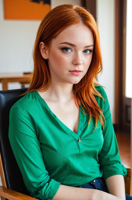 breathtaking 1girl, black shirt, breasts, chair, denim, freckles, green eyes, green shirt, indoors, lips, looking at viewer, orange hair, pants, parted lips, portrait, realistic, red hair, scar, shirt, solo, teeth, v-neck, woman  <lora:S4ndr4_mm4:0.8> S4ndr4 . award-winning, professional, highly detailed