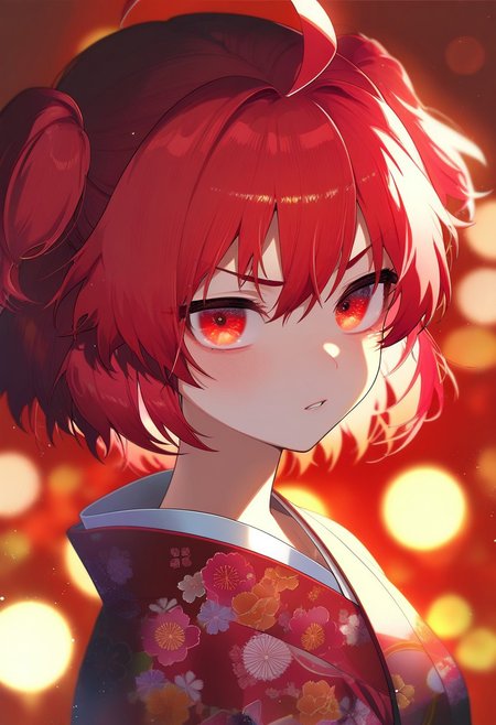 masterpiece, best quality, very aesthetic, high resolution, ultra-detailed, absurdres, newest, extremely detailed eyes, beautiful, perfect lighting, hi res, amazing quality, very awa, jui_sio, 1girl, solo, ahoge, japanese clothes, looking at viewer, kimono, red eyes, red kimono, red background, upper body, red hair, parted lips, bangs, blurry, floral print, two side up, bokeh, light particles, short hair, depth of field, v-shaped eyebrows, print kimono, portrait