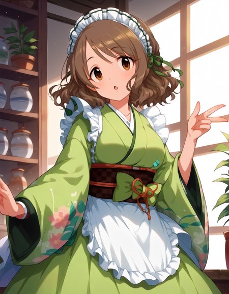 score_9,score_8_up,score_7_up,1girl,solo,looking at viewer,wonder,open mouth,
<lora:tsukimiyamiyabi_ponyXLV6:0.8>,cgtm,
brown hair,medium hair,brown eyes,
maid headdress,green kimono,apron,wide sleeves,wa maid