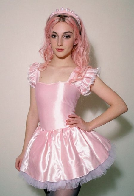 slutty pastel satin fairy maid alice princess costume, skinny, amateur, sexy british crossdresser, beautiful, 19 years old, headband, freckles, soft smile, punk, flirtatious, tights, satin tutu, lipgloss, ear
dark room, analog 90s Kodak flash photograph, uncensored, nip slip, detailed background