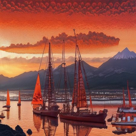 reflective water, watercraft, no humans, light rays, landscape, scenery, ship, mountain, orange sky, cloud, red sky, night