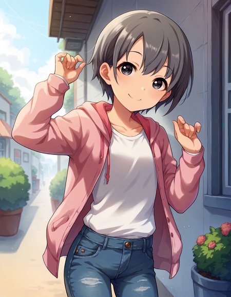 score_9,score_8_up,score_7_up,1girl,solo,cowboy shot,looking at viewer,smile,outdoors,
<lora:otokurayuuki_ponyXLV6:0.8>,cgoy,grey hair,short hair,grey eyes,flat chest,
pink hoodie,white shirt,denim