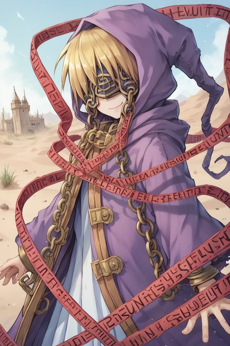 (score_9, score_8_up, score_7_up, score_6_up), source anime, BREAK, solo,  <lora:Nessiah-000013:0.85> , nesdef, 1boy, blonde hair, mask, covered eyes, hooded robe, hood up, robe, purple robe, caution tape, red caution tape, chain, cuffs, exterior, desert, wasteland, fortress, castle, (cowboy shot), (from side), smile, closed mouth,  <lora:zy_Detailed_Backgrounds_v1:0.5> , detailed background, highly detailed,   <lora:backgroundsetXL:0.4> , background,  <lora:m4gXLP:0.6> , m4g,