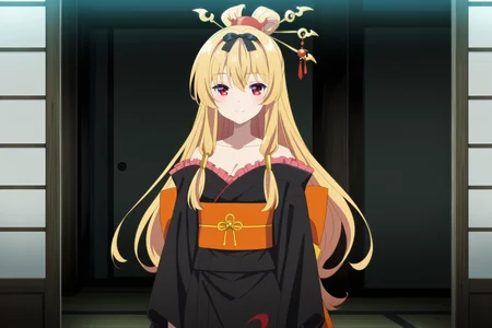 anime screencap, anime coloring, detailed face, perfect fingers, masterpiece, best quality, very aesthetic, absurdres, volumetric lighting,
 <lora:Yue_Arifureta_r1:1>
inside a Japanese building, 
Yue (character), 1girl, solo, red eyes, blonde hair, long hair, Japanese clothes, sash, hair ornament, black kimono, obi, hair stick, sexy smile, eyelids partially closed, cowboy shot,