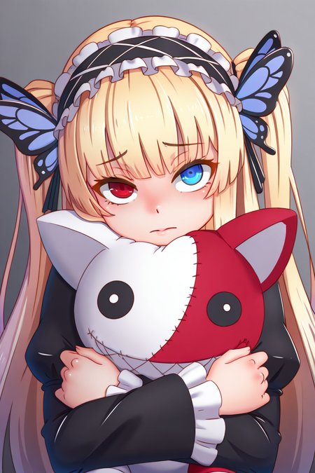 masterpiece, best quality, amazing quality,
 <lora:Nuenya_IL:1> nuenya, heterochromia, 1girl, solo, blonde hair, lolita_hairband, butterfly hair ornament, hug stuffed toy, stuffed animal, hair ornament, red eyes, blue eyes, lolita_fashion, hairband, long hair, two side up, gothic_lolita, portrait
