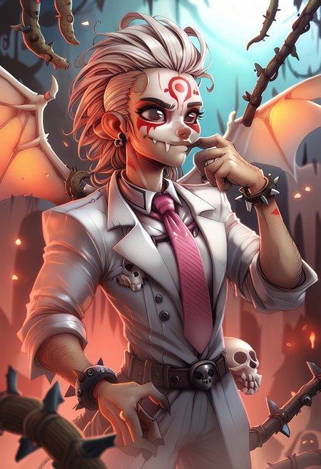 score_9,score_8_up,score_7_up, a cute skull, forehead paint, black eyes, white suit with vertical red stripes, pink tie, belt, thorn bracelet, white wings, KRKNK