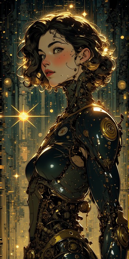 Cinematic style, niji style, ink outlines, cosmic adventure, beautiful princess of cyborg kingdom, black body with golden details, dim glow of cold dead stars, <lora:CPA:1>  <lora:BLUE_mk4_angel_FLUX_01:1>  <lora:dieselpunk-delight:1>d13s3lp2nk