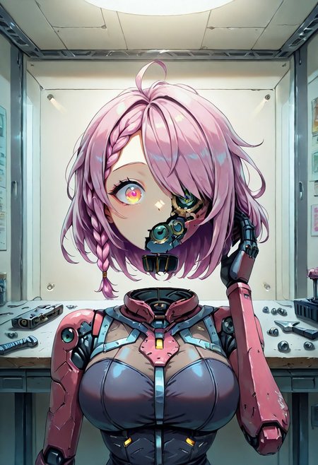 masterpiece, ultra-detailed, best quality, 8K, illustration, absolutely eye-catching,  
1girl, solo,
A robot girl puts her detached head on a workbench. She is fixing her head because something went wrong inside her head.,
robot, cyan hair, medium hair, French braids, side tail, kawaii, azatoi, cyberpunk,
portrait, tool in hand, hammer, screw, gears,
fullbody, putting head on a workbench, putting disembodied head on a  workbench, in lab,
cute girl, disembodied_head_smooth_shoulder, evi@decrepPunk