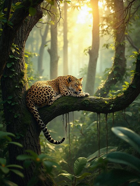  a hyper-realistic scene of a leopard resting on a large tree branch in the heart of a dense, sun-dappled forest. The leopard should appear relaxed and at ease, with its limbs draped over the branch, and its eyes either half-closed or gazing softly into the distance. The forest should be lush and full of tall trees with textured bark, surrounded by a mix of green foliage and dappled sunlight that filters through the canopy above. The background should have a subtle blur, emphasizing the depth of the jungle and drawing attention to the leopard as the focal point.

The light should create a warm, golden glow, casting gentle shadows that highlight the leopard’s golden coat and dark rosettes. Focus on achieving a photorealistic effect that captures the details of the leopard’s fur, the rough texture of the bark, and the varying shades of green within the foliage. The overall color palette should reflect the serene, natural beauty of the forest, creating a sense of tranquility and harmony with the leopard as the centerpiece of this peaceful jungle scene.



