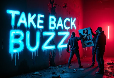 An underground resistance group in a dystopian city sprays graffiti on a massive, crumbling government wall. The bold letters "Take Back Buzz" glow in electric blue and red. One member holds up a glowing spray can, still dripping neon paint, while another pulls down a government propaganda poster that says "No Buzz Allowed!". The tension and defiance are palpable in the chaotic, neon-lit setting. <lora:None:1>