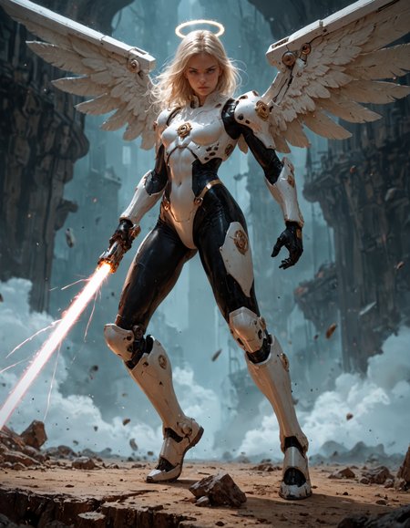 score_9, score_8_up, score_7_up, score_6_up, score_5_up, score_4_up, artiangel, a highly advanced mecha angel wearing  an alluring  futuristic bodysuit wielding a gigantic laser sword, young, female, alluring, sexy, otherworldly beautiful, emerging into battle, action battle pose, perfect composition, highly dynamic, full body view
<lora:artiangel:0.5> artiangel, <lora:Fant5yP0ny:0.8>