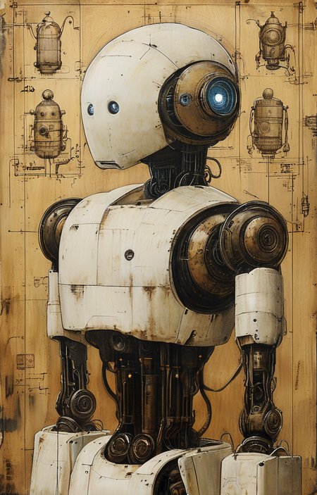 masterpiece,best quality,<lora:tbh191-sdxl:0.9>,illustration,style of Leonardo da Vinci, portrait of Housework robots