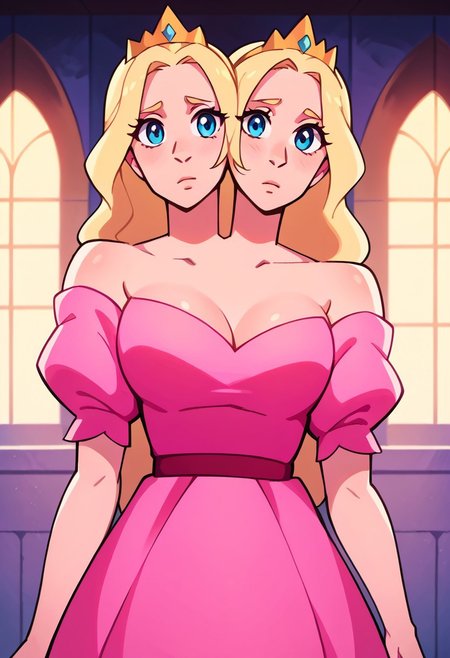 score_9, score_8_up, score_7_up, score_6_up, score_5_up,  <lora:st3v3nXLP:1> st3v3n, princess, puffy sleeves,cleavage, solo, medium breasts, off-shoulder pink dress, 1girl with twoheads, long hair, blonde hair, blue eyes, indoors, castle,