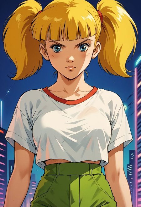 score_9, score_8_up, score_7_up, score_6_up, score_5_up, score_4_up, source_manga, rating_questionable, 1girl, penny \(inspector gadget\), human, cyberpunk, punk, breasts, undercut, blonde hair, pigtails, blue eyes,
shirt, stripe, green pants, cowboy shot, night, neon, vaporwave, retro artstyle, tv still, halftone effect, knva,